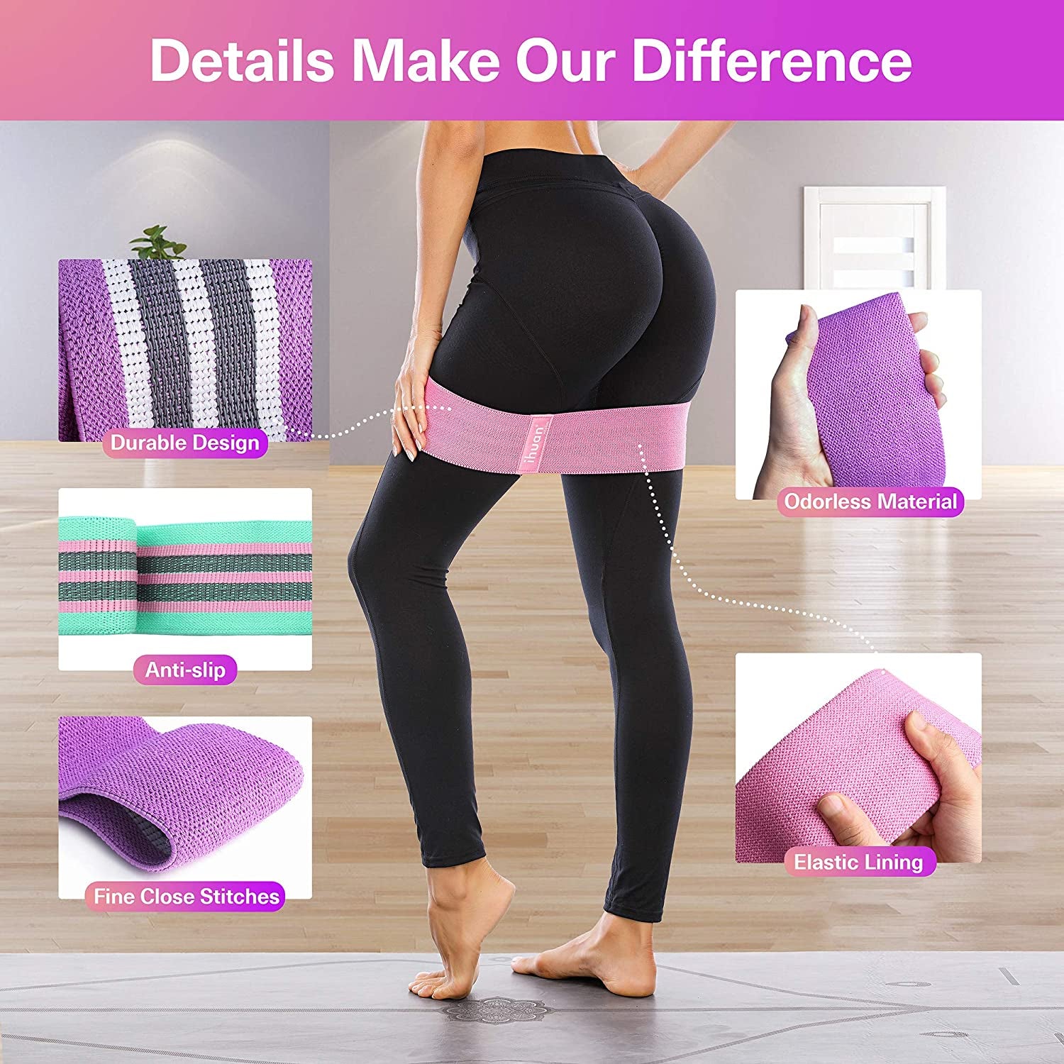 Resistance Bands for Legs and Butt, 3 Levels Exercise Band, Anti-Slip & Roll Elastic Workout Booty Bands for Women Squat Glute Hip Training