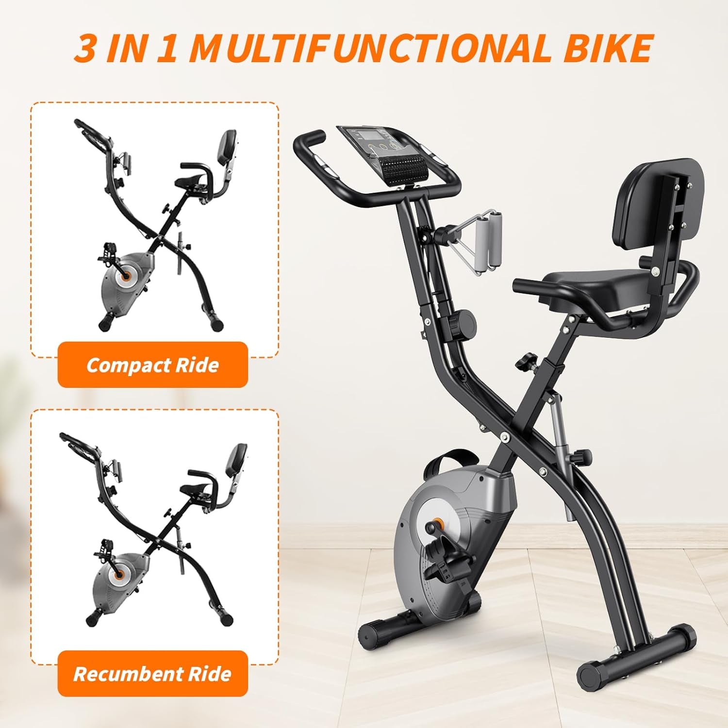 Folding Exercise Bike Foldable Fitness Indoor Stationary Bike Magnetic 3 in 1 Upright Recumbent Exercise Bike for Home Workout