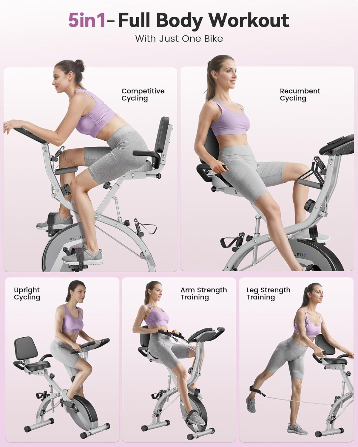 Exercise Bike, Folding Stationary Bike with Arm Resistance Band, 16-Level Magnetic Resistance Back Support Cushion Workout Indoor Bike for Home